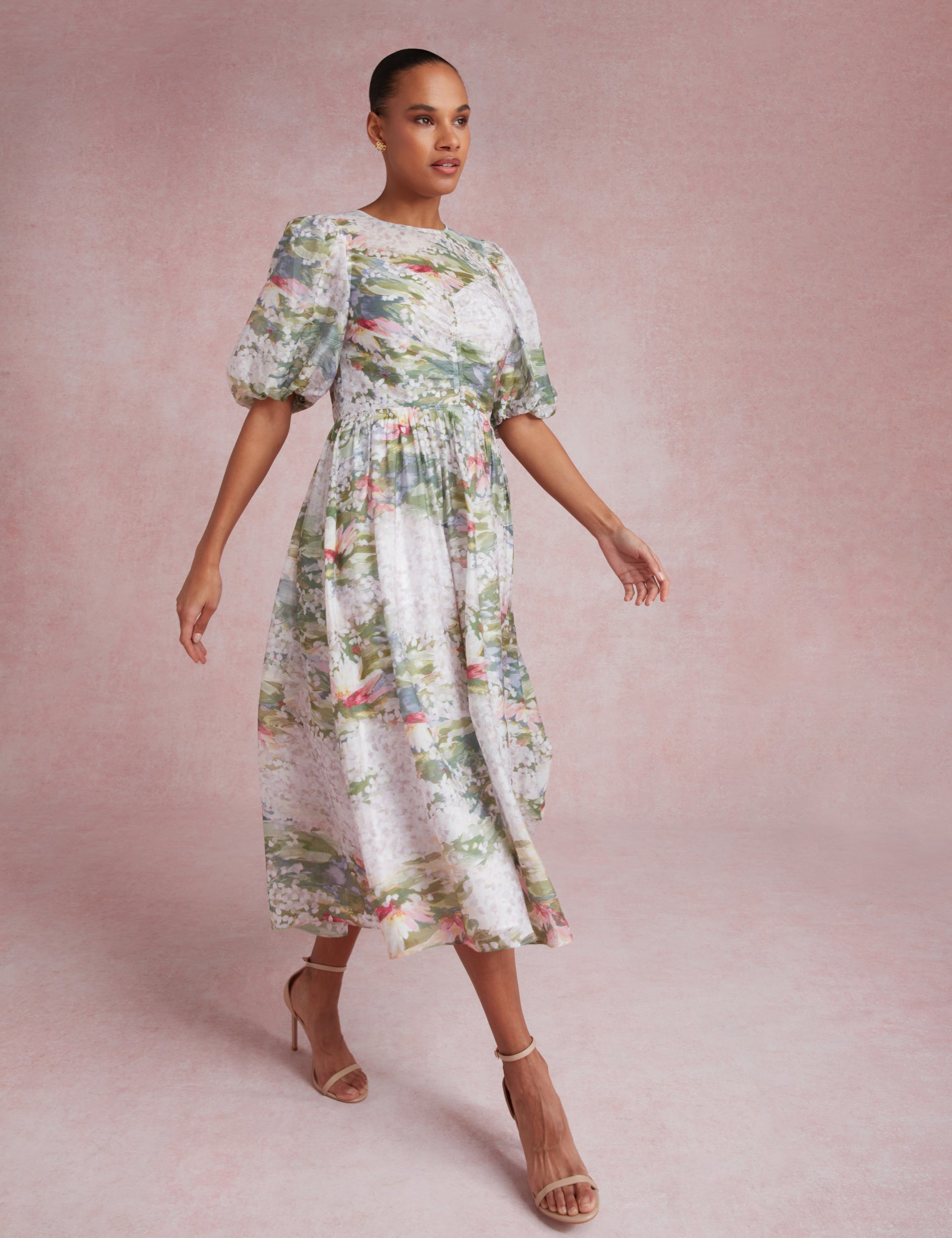 midi ted baker dresses JONORA Lilypad Print Puff Sleeve Dress blue_tulle_skirt Womens Birthday Wear Dresses new fashions color:Grey