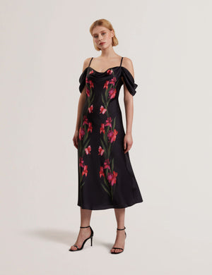Ted Baker Floral Satin Off Shoulder Bias Midi Dress