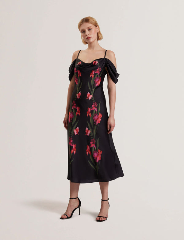 Ted Baker Floral Satin Off Shoulder Bias Midi Dress