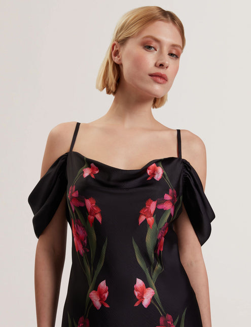 Ted Baker Floral Satin Off Shoulder Bias Midi Dress