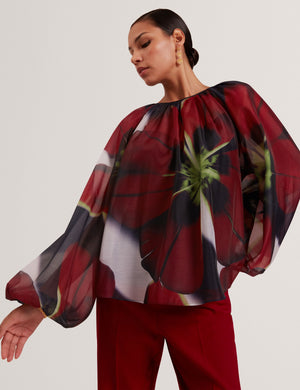 Ted Baker Red Bloom Organza Balloon Sleeve Blouse
