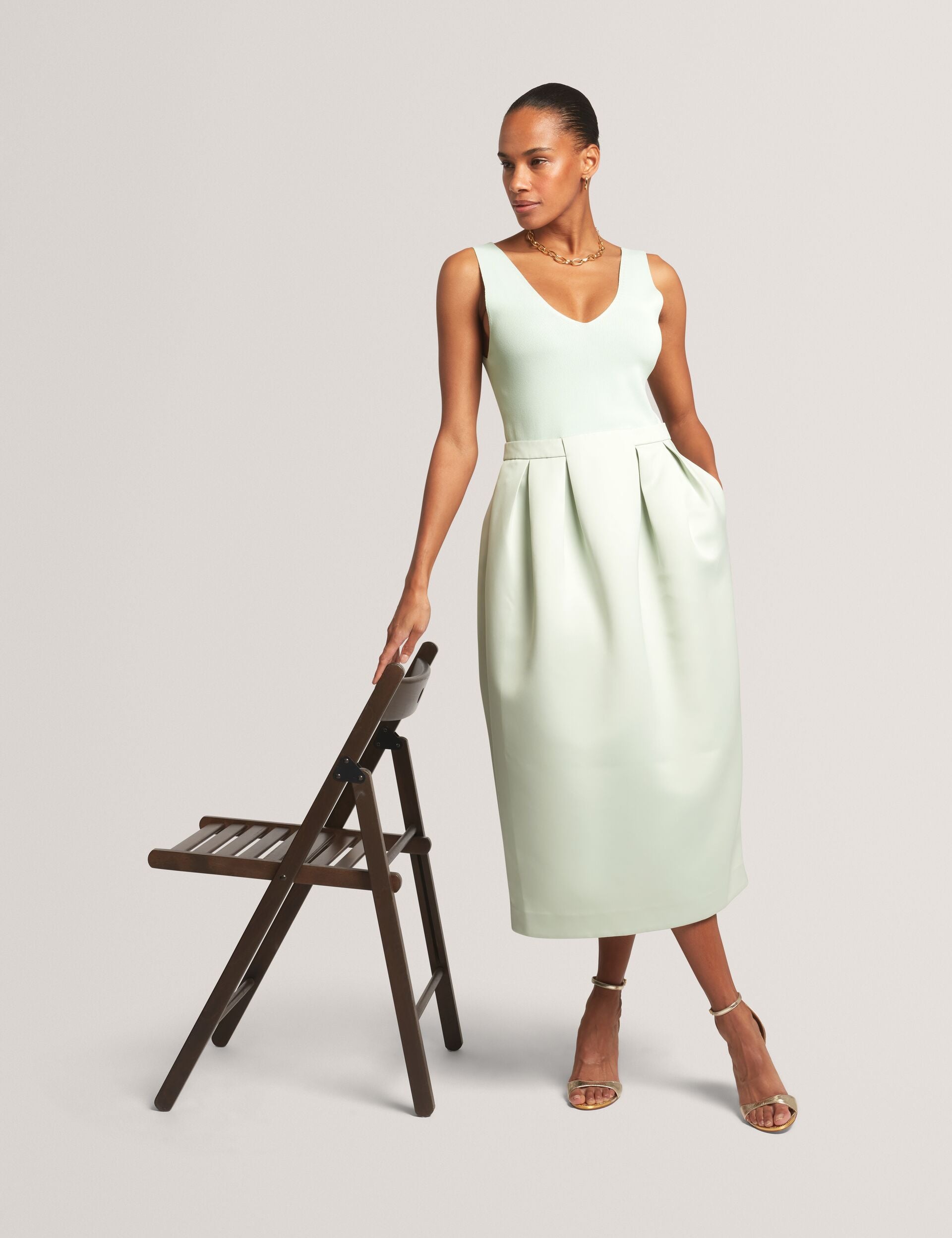 VERLENE Sleeveless Knit & Satin Tulip Midi Dress