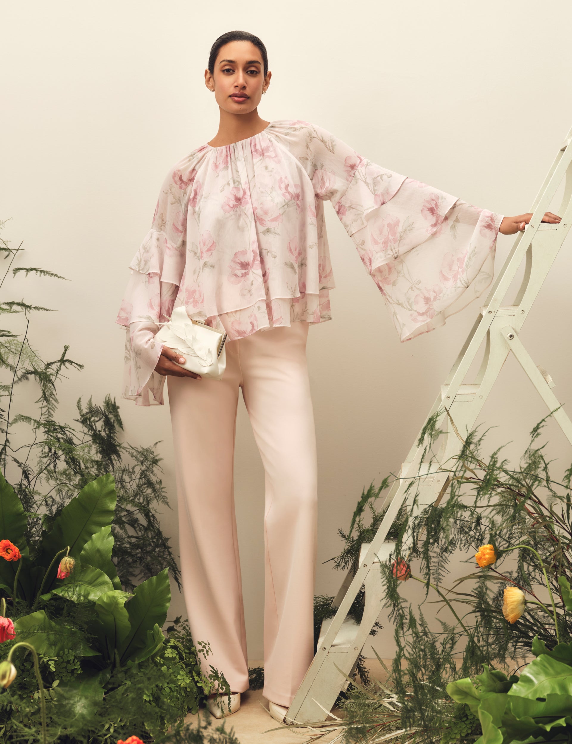 RIZAA Rose Print Frilled Long Sleeve Top